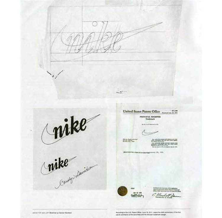  Bản phác thảo Nike swoosh của Carolyn Davidson và chứng nhận chứng nhận sáng chế của Mỹ.